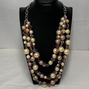 Triple Strand Faux Pearl, Crystal Bead & Ribbon Necklace - Ivory/Pink